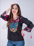 Mexican Embroidered Peacock Top Black - Cielito Lindo