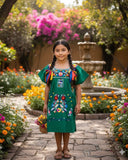 Mexican Puebla Dress for Girls Green