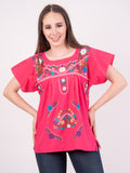 Mexican Tehuacan Full Embroidered Blouse Hot Pink - Cielito Lindo