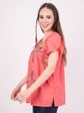 Mexican Tehuacan Full Embroidered Blouse Coral - Cielito Lindo