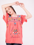 Mexican Tehuacan Full Embroidered Blouse Coral - Cielito Lindo