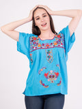 Mexican Tehuacan Full Embroidered Blouse Blue - Cielito Lindo