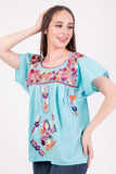 Mexican Tehuacan Full Embroidered Blouse Mint - Cielito Lindo