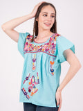 Mexican Tehuacan Full Embroidered Blouse Mint - Cielito Lindo