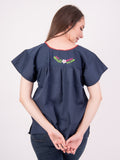 Mexican Tehuacan Full Embroidered Blouse Navy - Cielito Lindo