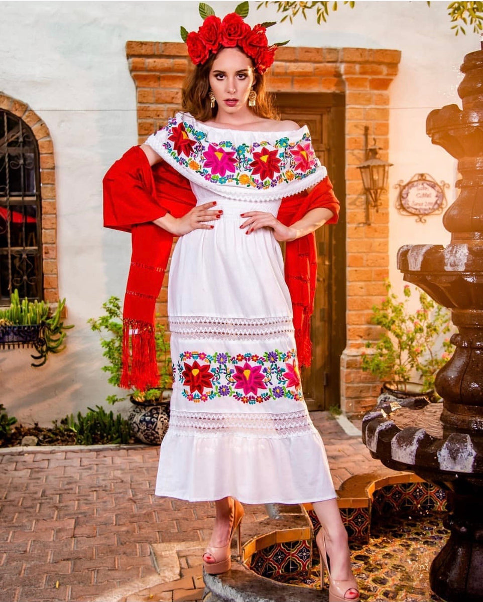 Mexican Luxury Fino Campesino Maxi Dress White Cielito Lindo Mexican Luxury Fino Campesino Maxi Dress White Cielito Lindo