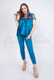 Mexican Blue Sateen Top Chamula - Cielito Lindo