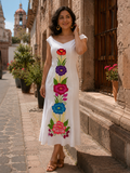 Mexican White Embroidered Maxi Dress Santa Lucia