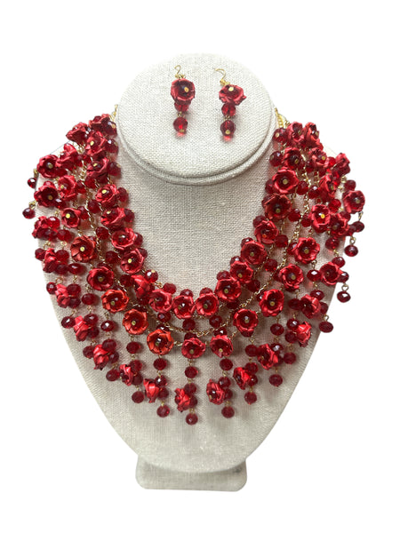 Handmade Ixtle Necklace & Earrings Red