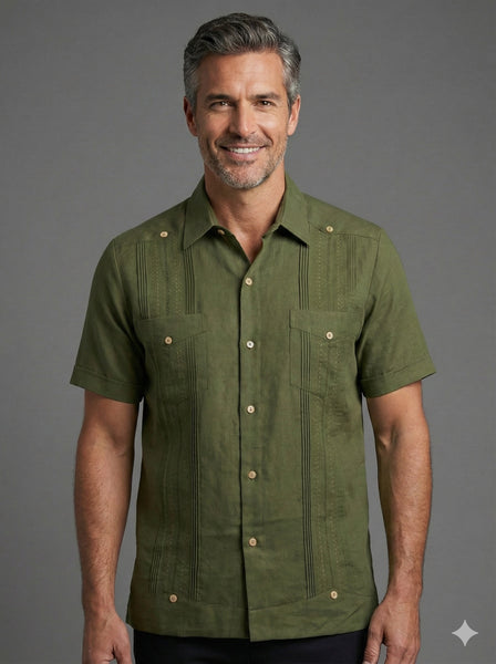 Men’s Olive Green Linen Guayabera Tabasco