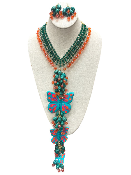Butterfly Necklace & Earrings Set  Green Orange