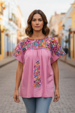 San Antonino Mexican Gala Blouse with Silk Embroidery Pink