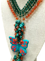 Butterfly Necklace & Earrings Set  Green Orange