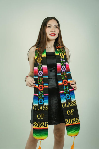 Mexican Floral Embroidered Graduation Stole Class of 2025 Black