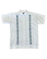 White Linen Guayabera with Teal Embroidery Short Sleeve