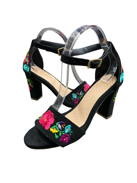 Black Floral Embroidered Heels