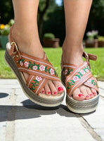 Leather Floral Embroidered Platform Sandals Annie