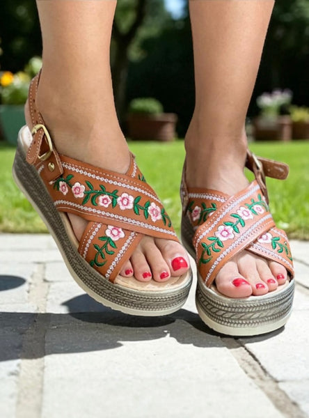 Leather Floral Embroidered Platform Sandals Annie