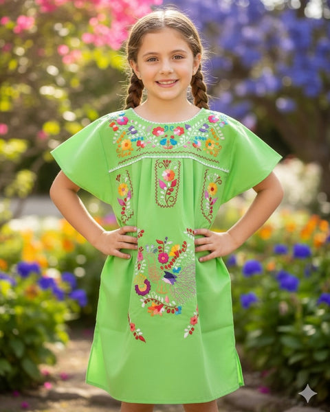 Mexican Puebla Dress for Girls Lime Green