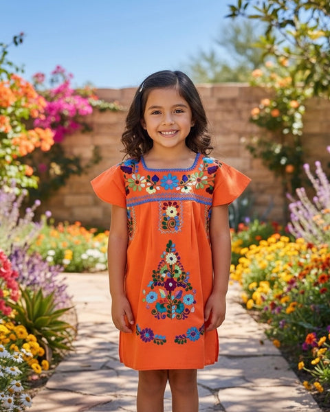 Mexican Puebla Dress for Girls Orange