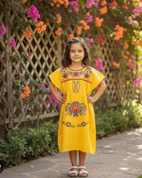 Mexican Puebla Dress for Girls Yellow