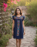 Mexican Tehuacan Dress with Lace Navy