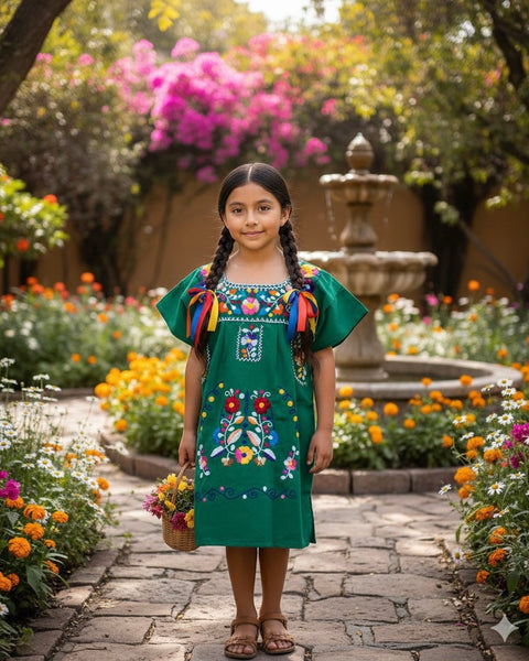 Mexican Puebla Dress for Girls Green