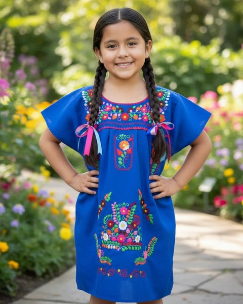Mexican Puebla Dress for Girls Royal Blue