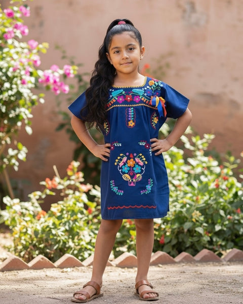 Mexican Puebla Dress for Girls Navy