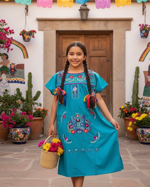 Mexican Puebla Dress for Girls Teal