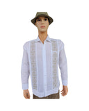 White Linen Guayabera with Gold Embroidery Long Sleeve