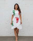 Mexican Tricolor Ruffled Short Dress in White
