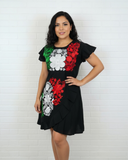 Mexican Tricolor Ruffled Short Dress in Black