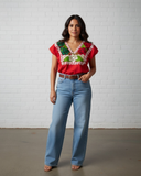 Zina Red Top with Tricolor Embroidery