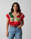 Zina Red Top with Tricolor Embroidery