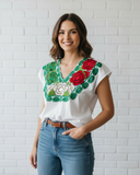 Zina White Top with Tricolor Embroidery