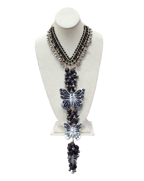 Butterfly Necklace & Earrings Set Silver Black