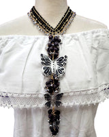 Butterfly Necklace & Earrings Set Silver Black