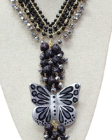 Butterfly Necklace & Earrings Set Silver Black