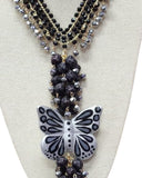 Butterfly Necklace & Earrings Set Silver Black