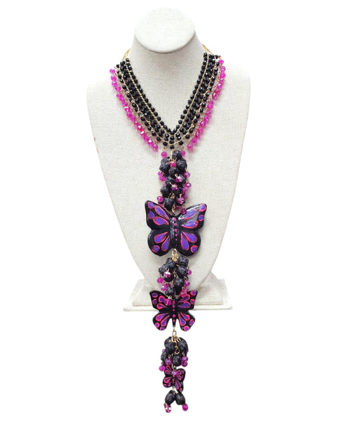 Butterfly Necklace & Earrings Set Black Magenta