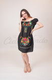 Mexican Floral Embroidered Off the Shoulder Dress Evelia Black