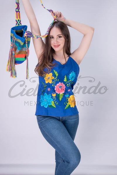 Mexican Linen Floral Embroidered Top Royal Blue - Cielito Lindo