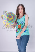 Mexican Linen Floral Embroidered Top Mint - Cielito Lindo