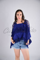 Tulum Raw Frayed Poncho Indigo