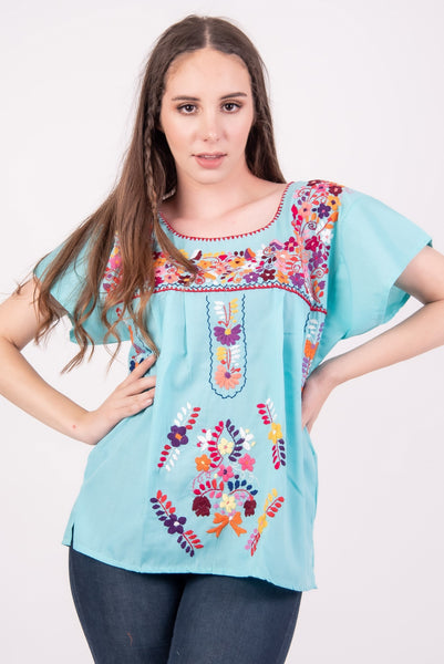 Mexican Tehuacan Full Embroidered Blouse Mint - Cielito Lindo