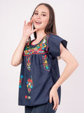 Mexican Tehuacan Full Embroidered Blouse Navy - Cielito Lindo