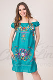 Mexican Floral Embroidered Off the Shoulder Dress Evelia Teal - Cielito Lindo