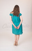 Mexican Floral Embroidered Off the Shoulder Dress Evelia Teal - Cielito Lindo