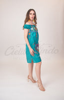 Mexican Floral Embroidered Off the Shoulder Dress Evelia Teal - Cielito Lindo